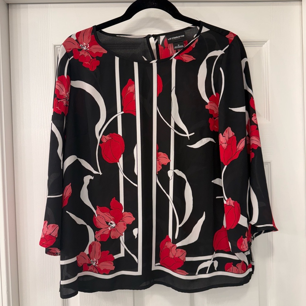 Liz Claiborne Black and Red Floral Blouse